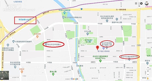 新莊副都心學區宅房價失效,今年五月陸續賠售成交。(圖/截圖自GoogleMap)