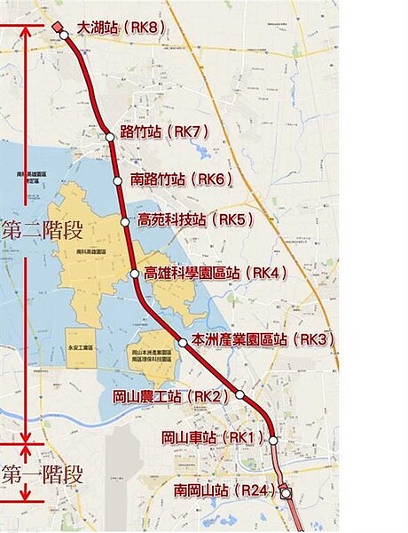高雄捷運紅線「岡山路竹延伸線」，將從第一階段的南岡山站到岡山站，再於第二階段延長到大湖站。（圖／高雄捷運局提供）
