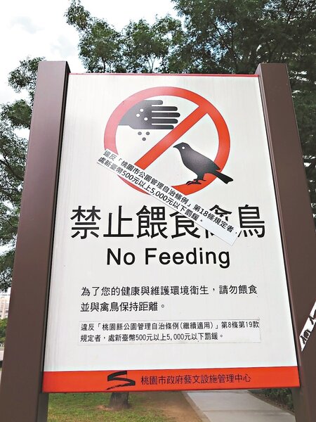 桃園市公園管理自治條例禁止餵食禽鳥，違者可罰500至5000元不等，現場立有告示。 記者張裕珍／攝影