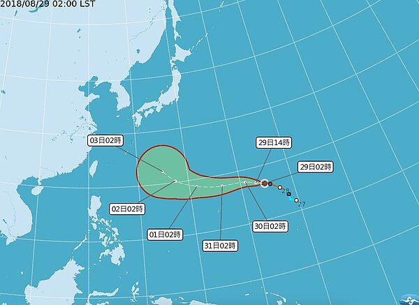輕度颱風燕子29日2時的中心位置在關島東北東方1110公里海面上,以每小時15公里速度,向西北西進行。圖/擷自中央氣象局官網