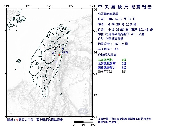 清晨4時36分的時候，東部發生第二起地震，震央在花蓮縣壽豐鄉。圖／擷自中央氣象局官網