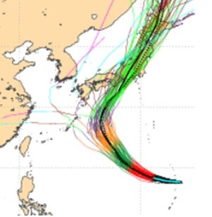 最新(30日20時)歐洲系集模式顯示,50次的模擬成員中,北轉襲日的機率非常高,已無侵台之機率。圖/擷自三立準氣象·老大洩天機專欄