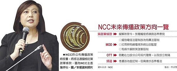 NCC未來傳播政策方向一覽 　●NCC昨公布傳播政策綠皮書，將修法通盤檢討黨政軍條款。圖為NCC主委詹婷怡。（圖／中國時報資料照片）