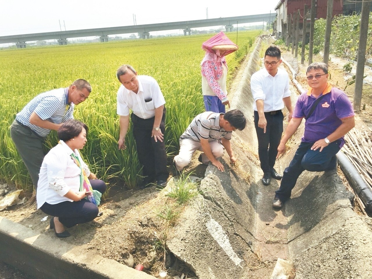 台南後壁區仕安里稻田的給水溝是乾的，稻田也乾涸、龜裂，農民心急。 記者吳政修／攝影