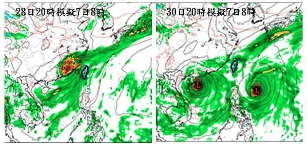 美國(NCEP GFS)模式，模擬6月7日8時地面天氣圖。28日20時的資料(左)顯示，僅1個熱帶擾動在福建；30日20時的資料(右)則顯示，有2個熱帶擾動分別在南海及菲律賓東方，西南氣流的型態也差很多。可見模擬有很大的不確定性，還不合適用來強調對台的影響情形，因模式還會再變。圖／翻攝自三立準氣象·老大洩天機專欄