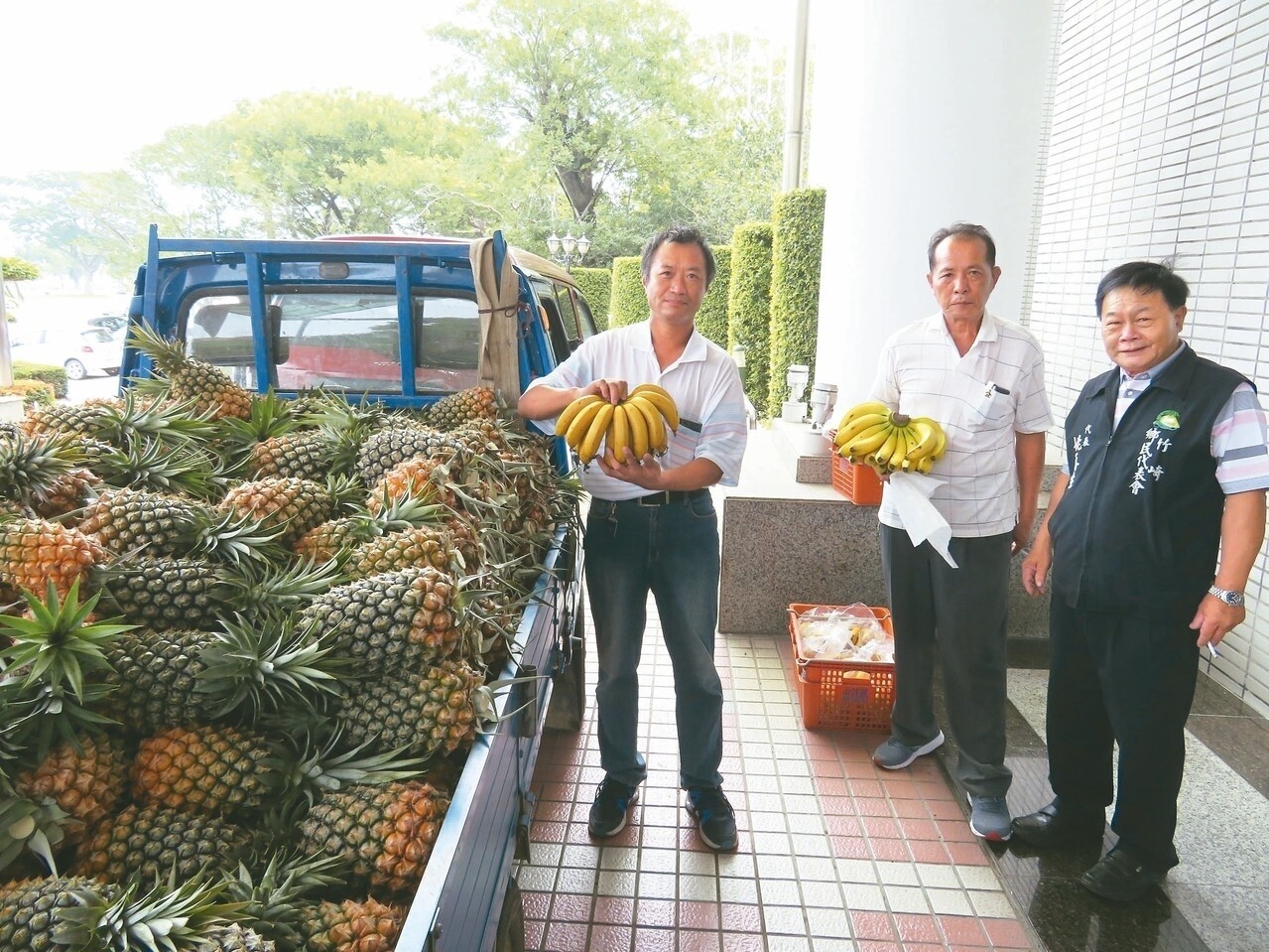 鳳梨、香蕉價格崩跌，嘉義縣農民開貨車載鳳梨、香蕉到議會陳情訴苦。 記者魯永明／攝影