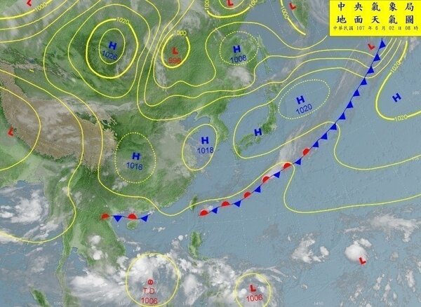 中央氣象局表示，菲律賓西邊南海的熱帶擾動，今早8點已增強為熱帶性低氣壓。圖／氣象局提供