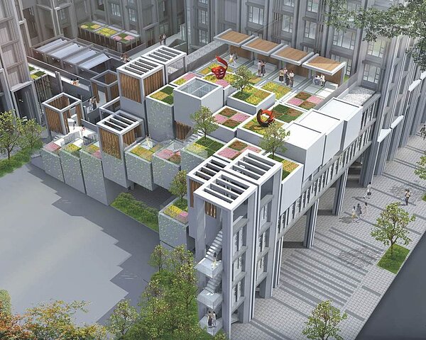 台中市規劃西屯社宅,位於豪宅林立的市中心精華地段,低層有複層植栽樹穴,宛如幾何花草地毯。 圖/台中市住宅處提供