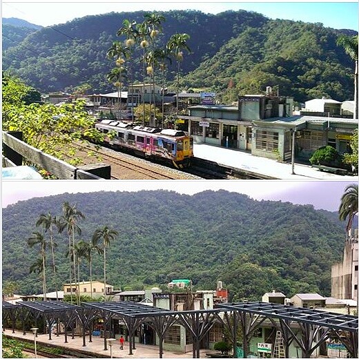 青年吳界更在臉書上比喻,車站被釘上幾個意義不明的鋼釘(下圖),奇醜無比,自此小火車與站體美麗的合照(上圖),成了絕響。圖/吳界提供