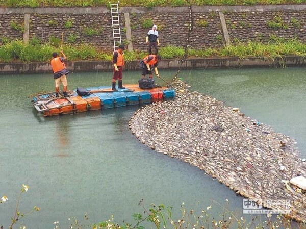 宜蘭縣環保局查獲一家涉嫌排放氨水的歇業工廠，氨水的排放造成大量魚群死亡。（宜蘭縣環保局提供）