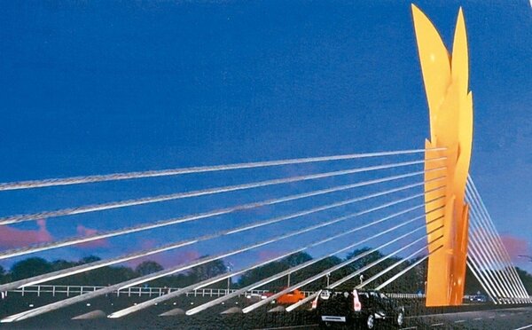 往雲林高鐵的新建大橋，將是國內第一座以稻穗農作意象設計的斜張大橋。 記者蔡維斌／翻攝