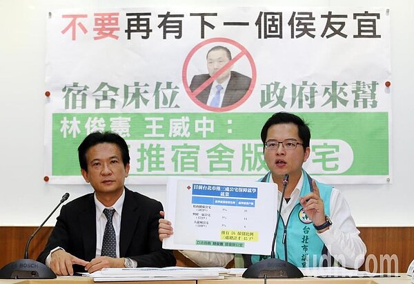 民進黨立委林俊憲（左）、市議員王威中（右）上午在立法院舉辦「二成大學生住蟻居 應推宿舍版公宅」記者會。記者許正宏／攝影