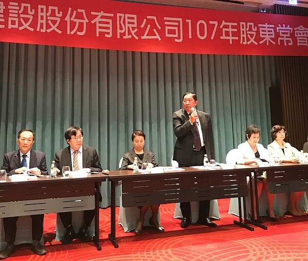 京城建設(2524)上午舉行107年股東會,董事長蔡天贊(站立者)報告去年業績表現亮眼。 攝影/張世雅