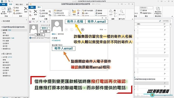 刑事局提醒企業經手國外匯款的採購、會計人員,應仔細辨別email帳號,避免受騙。圖/刑事局提供