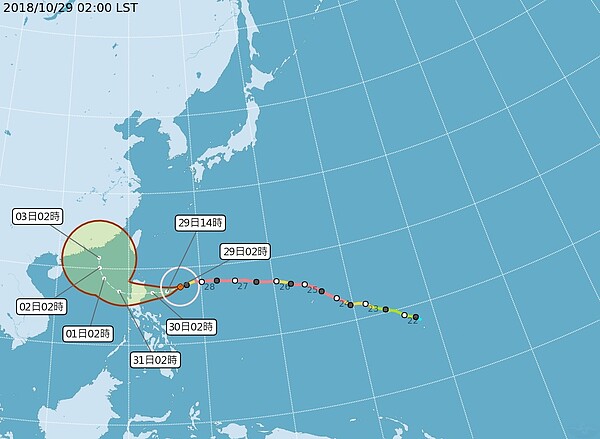 玉兔颱風再減弱為中颱，中央氣象局最新預報指出，玉兔以每小時17公里速度，向西南西進行。圖／中央氣象局提供