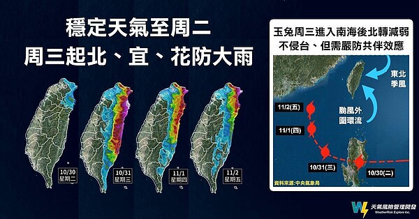 玉兔颱風周二晚上開始外圍雲系開始移入，「周三到周五」影響最顯著。圖／天氣風險管理公司提供