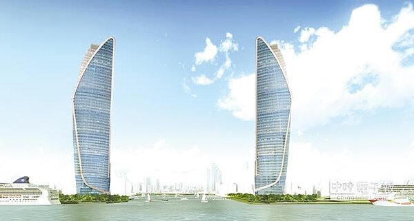 高雄「港灣雙珠」（模擬圖）國際企業總部和六星級飯店，分別座落在港灣最核心的10號碼頭、16到17號碼頭，預估至少引進300億元以上的投資。圖／台灣港務公司提供