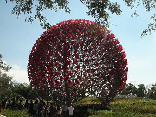 后里森林園區內的「聆聽花開的聲音」大型裝置藝術,當聲音、燈光、機械共舞展演時,許多民眾在機械花下駐足觀賞,並爭相拍照錄影。 記者余采瀅/攝影