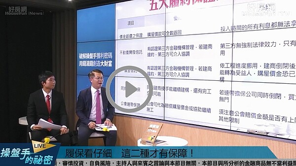 財經專家黃世聰在直播節目《操盤手的秘密》中提醒觀眾,想買預售屋,看清楚簽的是哪種履保!