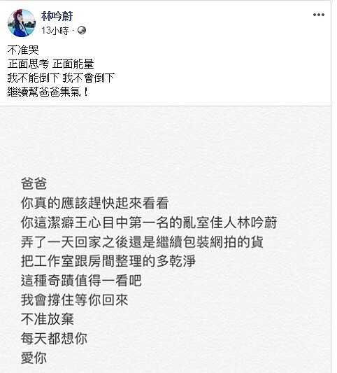 林吟蔚不准自己哭，向安迪溫情喊話(擷取自林吟蔚臉書)