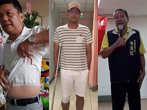 基隆市議員俞叁發(左)、議員候選人張秉鈞(中)、里長陳漢昭(右)在勤跑選民服務時,卻不慎遇到各種「另類職災」,態度十分敬業。(張穎齊翻攝)