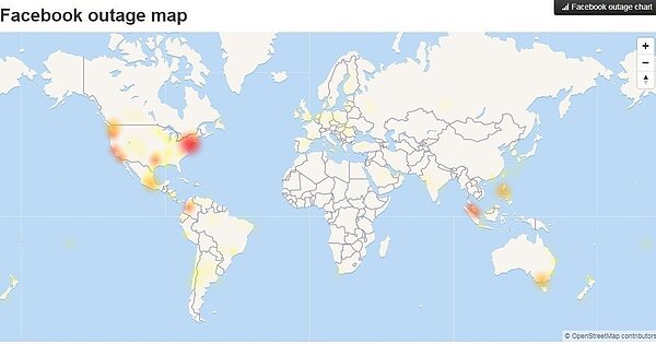 臉書災情傳遍全球,影響範圍包括南北美洲、澳洲等多地。取自Downdetector