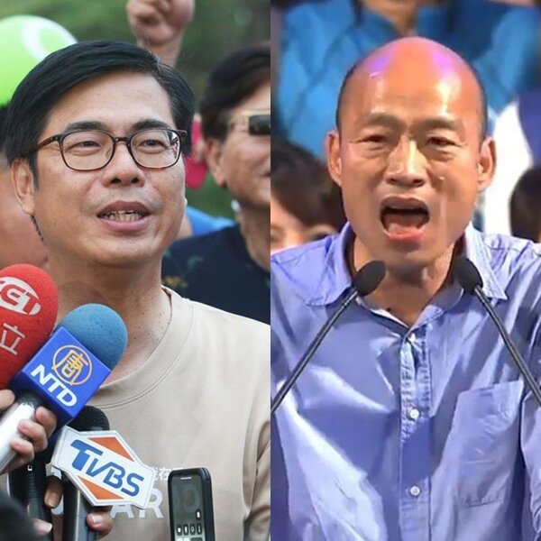 國民黨高雄市長候選人韓國瑜（右起）與民進黨高雄市長候選人陳其邁。報系資料照合成