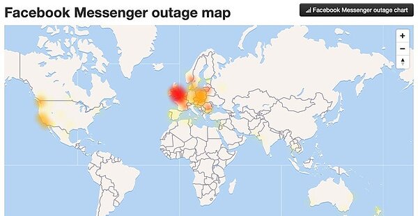 從地圖看臉書當機的地區,多集中在歐洲及美國。資料取自富比世雜誌。