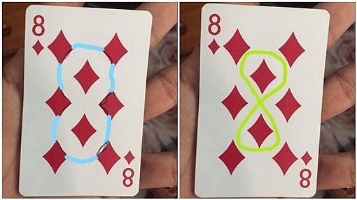 原來撲克牌的設計隱藏許多彩蛋,在方塊8的空牌處畫線就能發現第三個8。 圖/擷自TWITTER