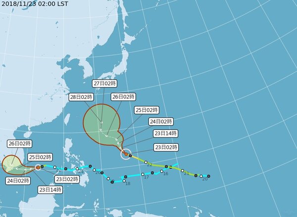 第28號中度颱風萬宜，今天凌晨２時距離台灣東南東方約1980公里的海面上，朝西北轉北方向移動；位於南沙島海面的熱帶性低氣壓，於昨天晚上8時增強為第29號颱風天兔，路徑偏西往越南移動。