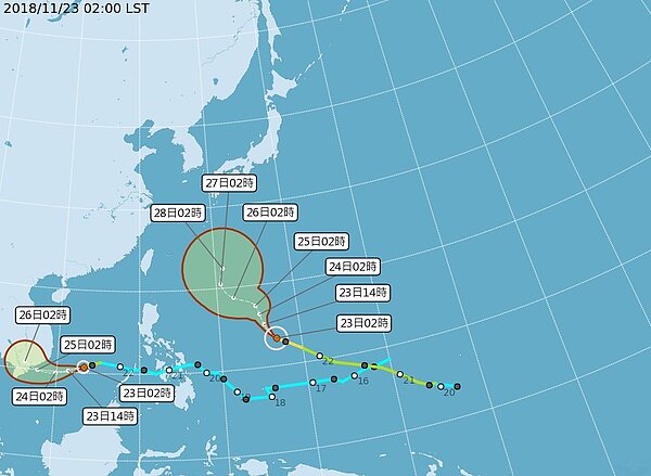 第28號中度颱風萬宜,今天凌晨2時距離台灣東南東方約1980公里的海面上,朝西北轉北方向移動;位於南沙島海面的熱帶性低氣壓,於昨天晚上8時增強為第29號颱風天兔,路徑偏西往越南移動。