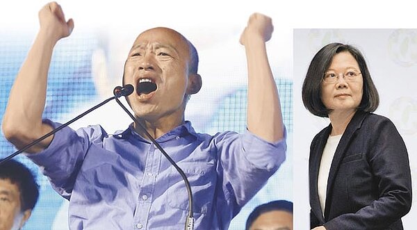 國民黨籍高雄市長當選人韓國瑜(左圖,陳怡誠攝)表示,明天起就會重組高雄市小內閣,打造不分藍綠,用人唯才的市府團隊。蔡英文總統(右圖,杜宜諳攝)則在中央黨部召開記者會表示,要對選舉結果負起完全責任,將辭去主席一職。