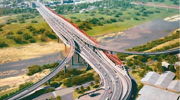 新北市三鶯大橋因老舊、橋面狹窄,汽機車共道險象環生,新北市府去年12月動工改建,另增設機車道,鶯歌端增設環河路匝道,圖為完工模擬圖。 圖/新北市工務局提供