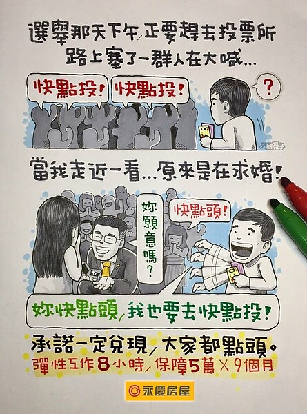 永慶房屋聯合當紅手繪作家八耐舜子,推出《快點投》超鬧插畫,一語雙關的文字遊戲,網友討論熱烈,一周觀看人次已突破110萬人次。(圖/永慶房屋提供)