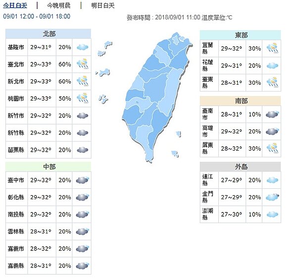 今天下午各地天氣。圖 /翻攝自氣象局網站