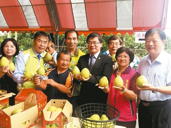 麻豆文旦節登場兩天，台南市代理市長李孟諺（前排右三）與立委黃偉哲（前排左二）等人促銷文旦。 （圖／記者吳政修攝影）