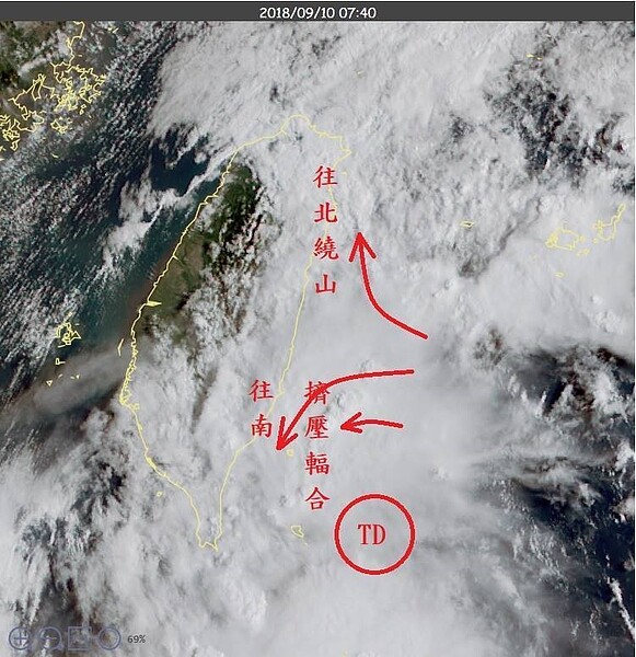 熱帶性低氣壓的外圍氣流受山阻擋的反應。圖／擷自鄭明典臉書
