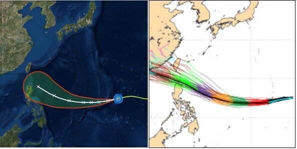 氣象專家吳德榮在專欄指，依中央氣象局（左）及歐洲系集模擬（右）顯示，太平洋高壓模擬得較原先強，使得颱風山竹的路徑又稍往南調整。翻攝自「三立準氣象·老大洩天機」專欄