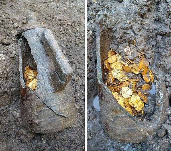 石甕中有數以百計的金幣,金幣源於公元五世紀的西羅馬帝國。(圖/擷自Facebook)