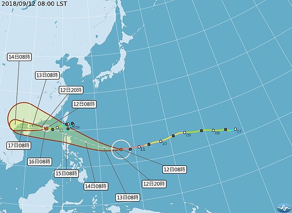 強颱山竹路徑潛勢預報。圖/翻攝自氣象局網站