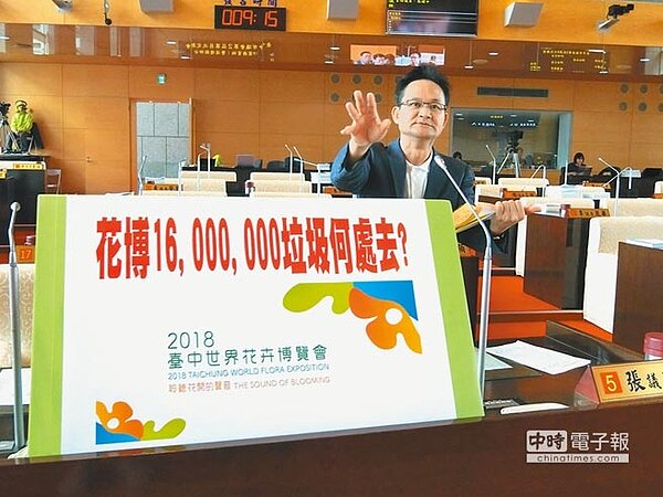 台中市議員張耀中12日業務質詢時,為花博垃圾處理提出警訊,建議環保局提早因應。(盧金足攝)