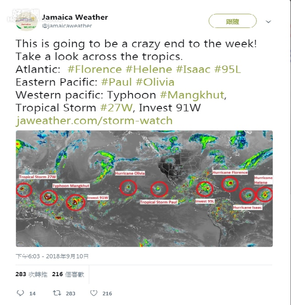 九颱連線（圖／翻攝自推特／Jamaica Weather）