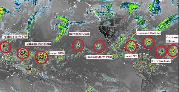 Jamaica Weather提供的照片顯示，北半球颱風、颶風和熱帶氣旋總共多達9個。取自推特