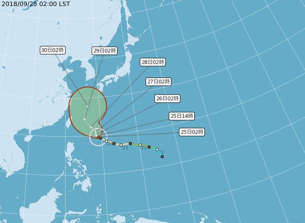 中央氣象局預估，強颱潭美將經過台灣東部外海往日本移動。圖／翻攝自中央氣象局網站