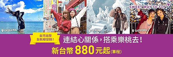 吸引台灣旅客搭乘,日本樂桃航空推出台灣出發全航線促銷。 圖/樂桃航空提供