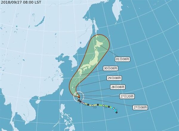 潭美預計將直接貫穿日本，北台灣受其外圍環流影響，今起三天將有大雨至豪雨等級降雨。 圖／中央氣象局提供
