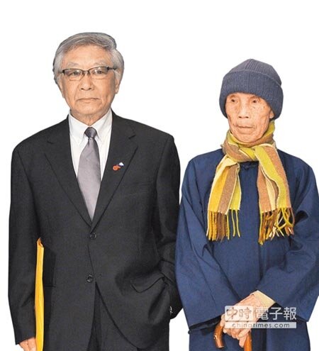 詩人周夢蝶(右)與鄭愁予的手跡,近來傳出被仿冒,有讀者受騙。圖為周夢蝶生前與鄭愁予合影。 (本報資料照片)