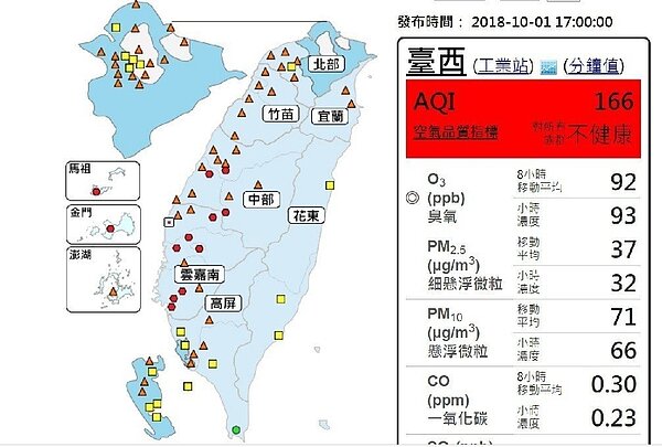 西半部空氣品質差。圖/擷取自環保署網站