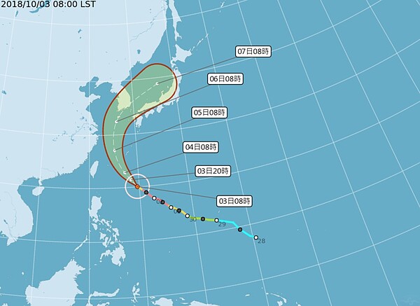 中度颱風康芮以每小時16公里速度向西北進行。圖／翻攝自中央氣象局網站