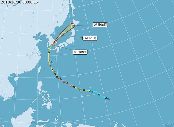 康芮今明兩日將朝南韓、日本一帶前進。圖／取自中央氣象局
